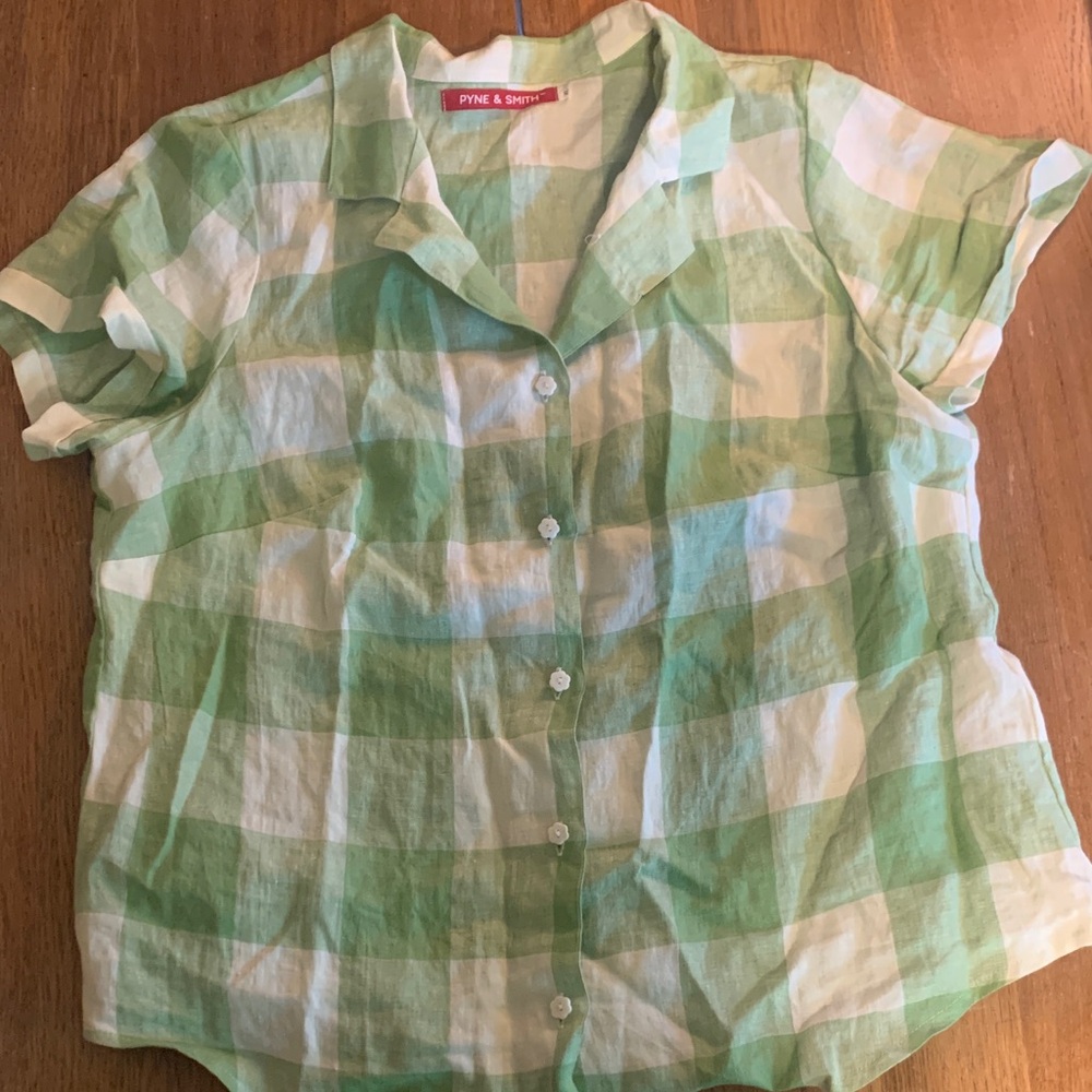 Pyne & Smith Green Checkered Button Down Linen Shirt XL